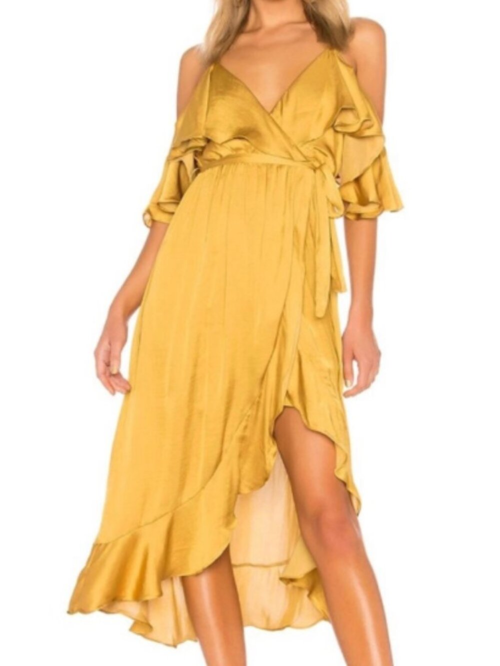 Bardot Bea Cold Shoulder Ruffle Wrap Dress Gold